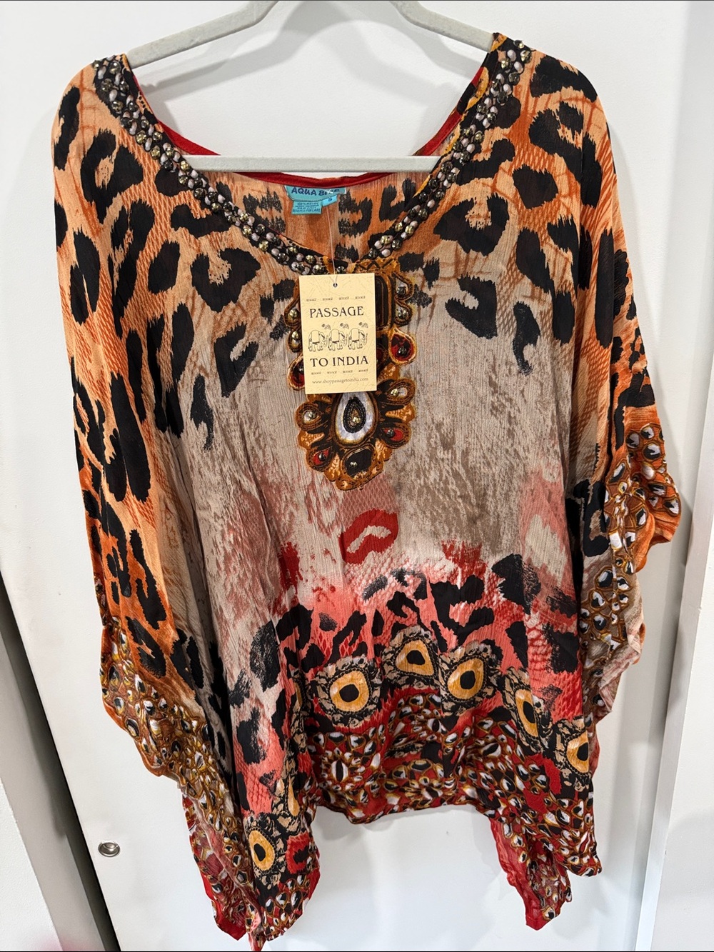 Passage To India Embellished Animal-Print Tunic in Orange/Red